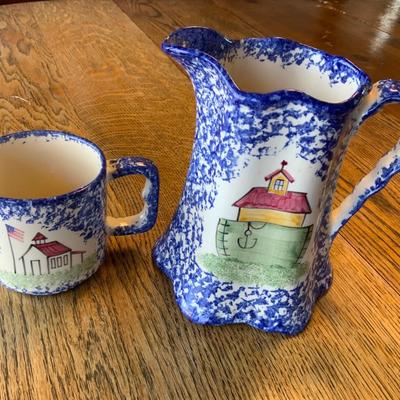 Molly Dallas Blue Spatterware RARE pattern Pitcher and patriotic cup.