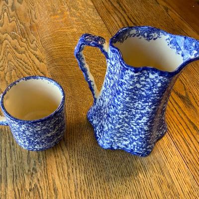 Molly Dallas Blue Spatterware RARE pattern Pitcher and patriotic cup.