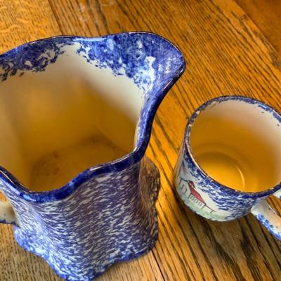 Molly Dallas Blue Spatterware RARE pattern Pitcher and patriotic cup.