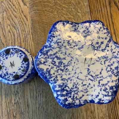 Molly Dallas Blue Spatterware RARE pattern Pitcher and patriotic cup.