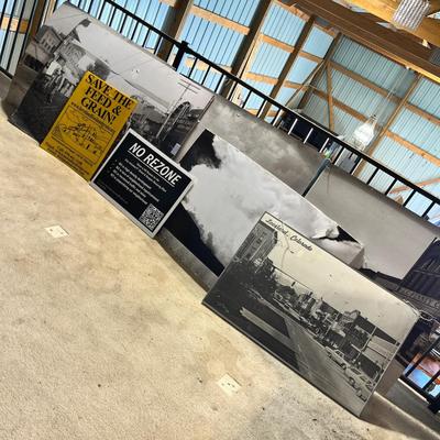 Lot 324 6 Old black and white Loveland photos and No Rezone / Save the Feed and Grain yard sign