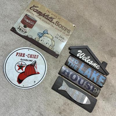 Lot 328 Cambells soup metal sign, Texaco sign. Wooden welcome to the lake house plaque