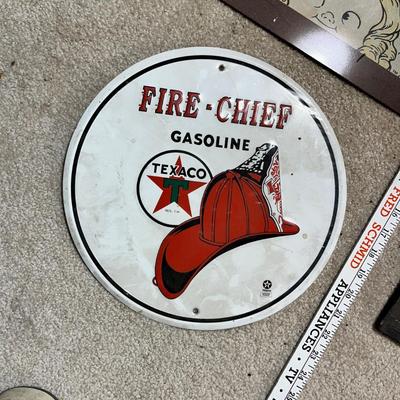 Lot 328 Cambells soup metal sign, Texaco sign. Wooden welcome to the lake house plaque