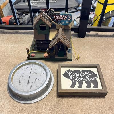 Lot 330 Mables Antiques birdhouse, termometer and baby bear sign