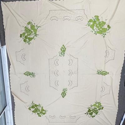 Vintage Tablecloth - Ivory with Avocado Green Embroidered Grapes, Pears, Oranges 58" x 72"