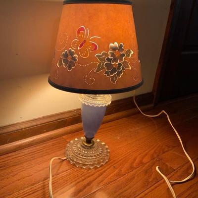 Lot of 2 Art Deco Blue Glass Lamps with Vintage Cutout Paper Shades