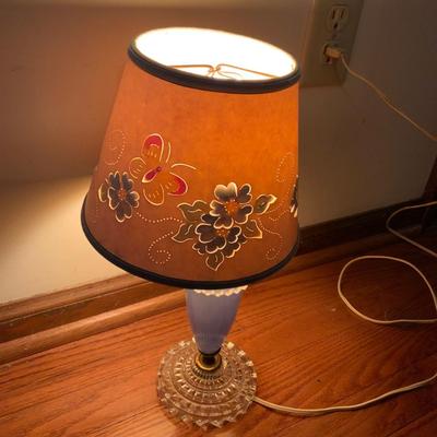 Lot of 2 Art Deco Blue Glass Lamps with Vintage Cutout Paper Shades