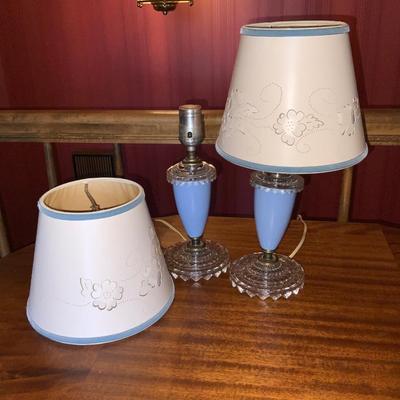 Lot of 2 Art Deco Blue Glass Lamps with Vintage Cutout Paper Shades