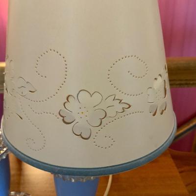 Lot of 2 Art Deco Blue Glass Lamps with Vintage Cutout Paper Shades