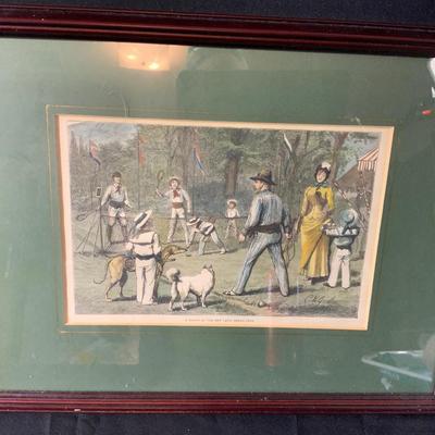 Framed authentic over 100 YO antique Art Print titled “A Match at the New Lawn Tennis Club”