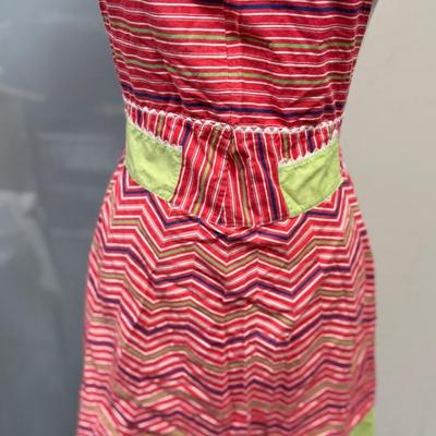 Vintage Retro 1970's Hand-crafted Apron -striped pattern of magenta, lime green, purple