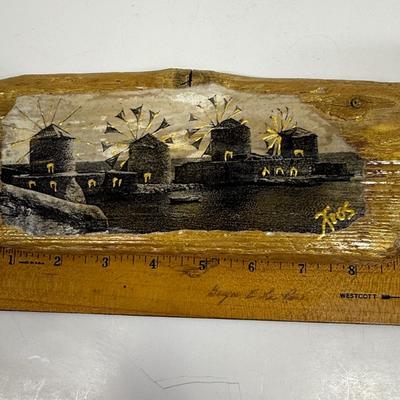 Hand painted wood wall hanging with windmills