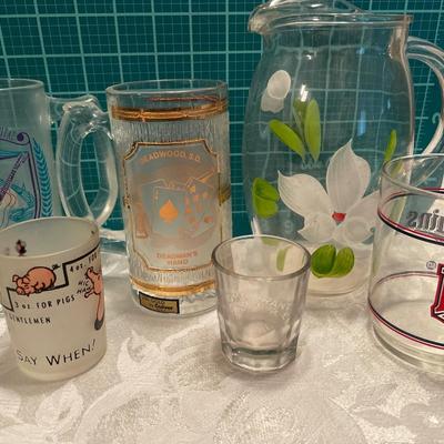 Vintage pitchers, shot glasses and mugs