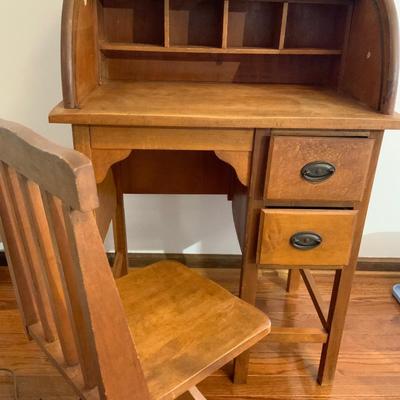 Vintage Child’s Roll Top Desk 23 x 34 x 16 Including Swivel Chair