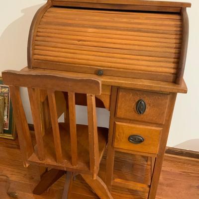 Vintage Child’s Roll Top Desk 23 x 34 x 16 Including Swivel Chair