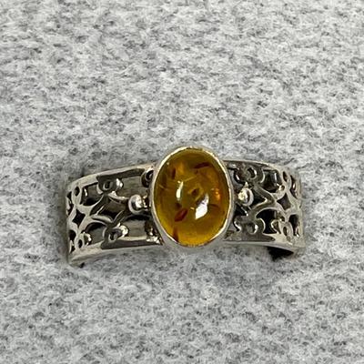 Sterling Amber filigree Ring 10