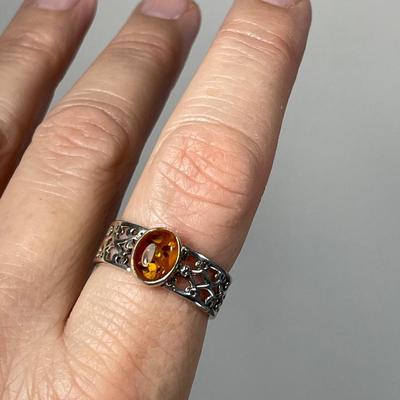 Sterling Amber filigree Ring 10