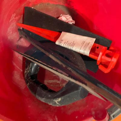 Lot 367 bucket of concrete tools, caulk gun, level, 2 backer rods