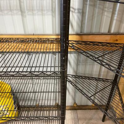 Lot 386 4 shelf metal shelf and three shelf metal corner shelf - as is - shelves missing