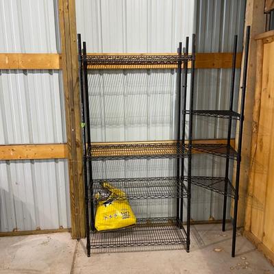 Lot 386 4 shelf metal shelf and three shelf metal corner shelf - as is - shelves missing