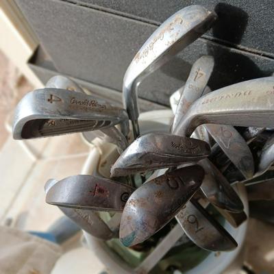 ASSORTMENT OF GOLF CLUBS, GOLF BAG AND MORE