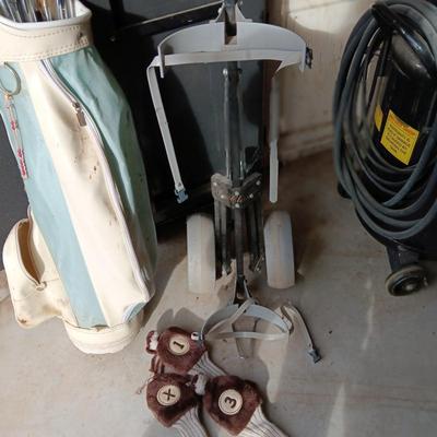 ASSORTMENT OF GOLF CLUBS, GOLF BAG AND MORE