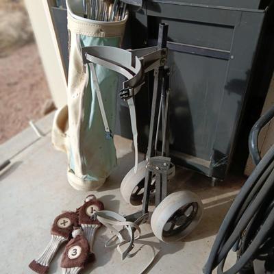 ASSORTMENT OF GOLF CLUBS, GOLF BAG AND MORE