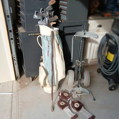ASSORTMENT OF GOLF CLUBS, GOLF BAG AND MORE