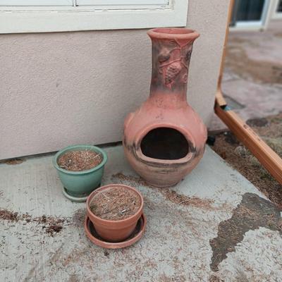 CHIMENEA AND FLOWER POTS