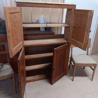 2 DOOR CABINET AND 2 MID-CENTURY UPHOLSTERED CHAIRS
