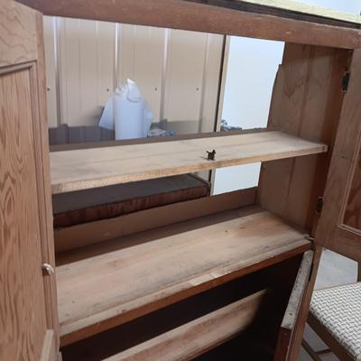 2 DOOR CABINET AND 2 MID-CENTURY UPHOLSTERED CHAIRS