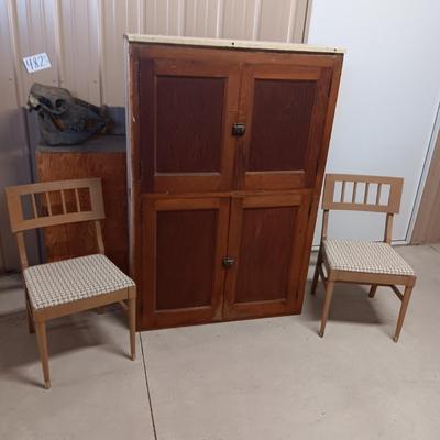 2 DOOR CABINET AND 2 MID-CENTURY UPHOLSTERED CHAIRS