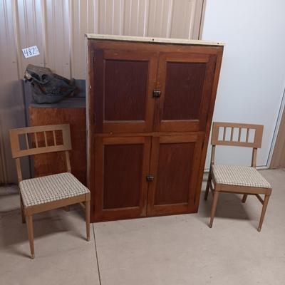 2 DOOR CABINET AND 2 MID-CENTURY UPHOLSTERED CHAIRS