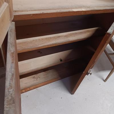 2 DOOR CABINET AND 2 MID-CENTURY UPHOLSTERED CHAIRS