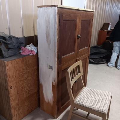 2 DOOR CABINET AND 2 MID-CENTURY UPHOLSTERED CHAIRS