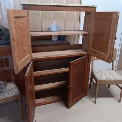 2 DOOR CABINET AND 2 MID-CENTURY UPHOLSTERED CHAIRS
