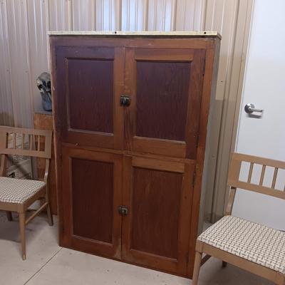 2 DOOR CABINET AND 2 MID-CENTURY UPHOLSTERED CHAIRS