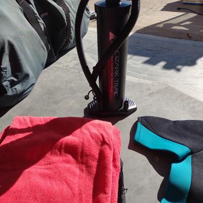 WET SUIT (LRG), AIR PUMP AND BEACH TOWEL