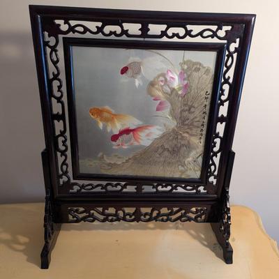 Antique Double Sided Chinese Revolving Silk Screen Koi Fish