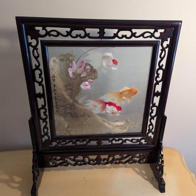 Antique Double Sided Chinese Revolving Silk Screen Koi Fish