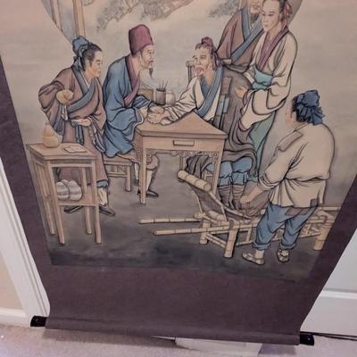 28 1/2" x 65" Antique Chinese Painting On Silk & Paper With Artist Mark & Calligraphy