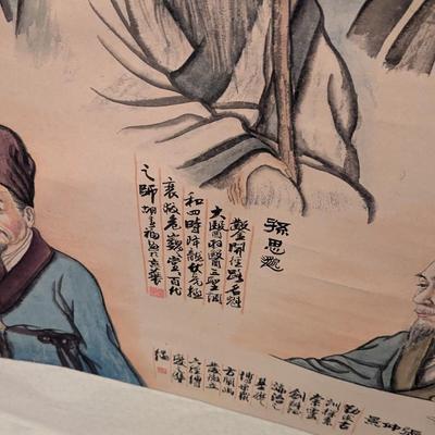 30" x 68" Antique Chinese Painting On Silk & Paper With Artist Mark & Calligraphy With Box