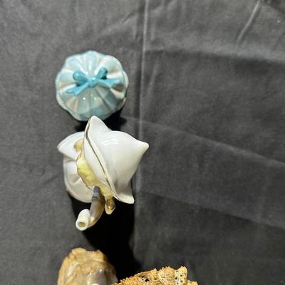 Lot of 3 Vintage Figurines, Two with handmade umbrellas
