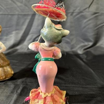 Lot of 3 Vintage Figurines, Two with handmade umbrellas
