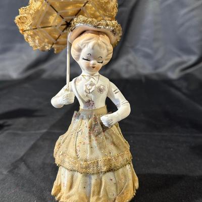 Lot of 3 Vintage Figurines, Two with handmade umbrellas