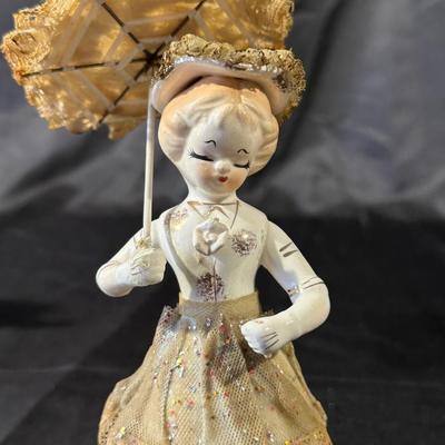 Lot of 3 Vintage Figurines, Two with handmade umbrellas