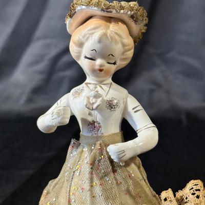 Lot of 3 Vintage Figurines, Two with handmade umbrellas