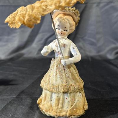 Lot of 3 Vintage Figurines, Two with handmade umbrellas