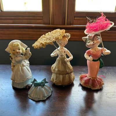 Lot of 3 Vintage Figurines, Two with handmade umbrellas