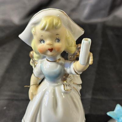 Lot of 3 Vintage Figurines, Two with handmade umbrellas